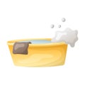 Vector isolated illustration of a cartoon basin with soapy water and a rag or napkin for washing and cleaning