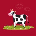 Cartoon black and white cow in a grassy field