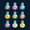 Cartoon bottles with poison in different colors, vector elements for game design.