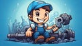 Vector illustration of cartoon boy repairing water pipe on a blue background