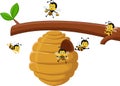 illustration of Cartoon branch of a tree with a beehive and a bee Royalty Free Stock Photo