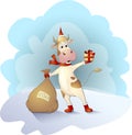 Vector illustration of a cartoon bull dressed as Santa Claus with a gift