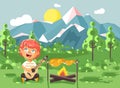 Vector illustration cartoon character child boy scout frying meat on open fire and sing songs, play guitar on nature Royalty Free Stock Photo