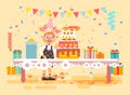 Vector illustration cartoon character child lonely blonde girl celebrate happy birthday, congratulating give gifts, huge Royalty Free Stock Photo