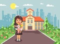 Vector illustration cartoon character child lonely brunette schoolgirl, pupil, student standing with bouquet flowers in