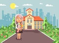 Vector illustration cartoon character child lonely girl schoolgirl, pupil, student standing with bouquet flowers in