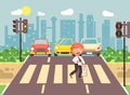 Vector illustration cartoon character child, observance traffic rules, lonely redhead boy schoolchild schoolboy go to Royalty Free Stock Photo