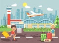Vector illustration cartoon character late boy run to little blonde girl standing at airport, departing plane, bag