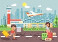Vector illustration cartoon character late boy run to little brunette girl standing at airport, departing plane, bag Royalty Free Stock Photo