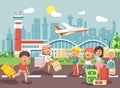 Vector illustration cartoon character late boy run to little children girl standing at airport, departing plane, bag Royalty Free Stock Photo