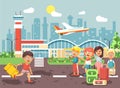 Vector illustration cartoon character late boy run to little children girl standing at airport, departing plane, bag Royalty Free Stock Photo