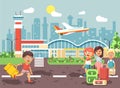 Vector illustration cartoon character late boy run to little children girl standing at airport, departing plane, bag Royalty Free Stock Photo