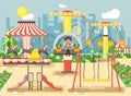 Vector illustration of cartoon character lonely boy child schoolboy resting in empty amusement park ride on swing, chain