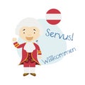 Vector illustration of cartoon character saying hello and welcome in German from Austria