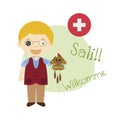 Vector illustration of cartoon character saying hello and welcome in German from Switzerland