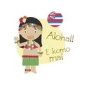 Vector illustration of cartoon character saying hello and welcome in Hawaiian