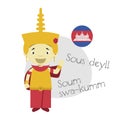 Vector illustration of cartoon character saying hello and welcome in Khmer.