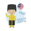 Vector illustration of cartoon character saying hello and welcome in Malaysian