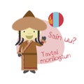 Vector illustration of cartoon character saying hello and welcome in Mongolian.