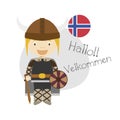 Vector illustration of cartoon character saying hello and welcome in Norwegian