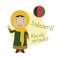 Vector illustration of cartoon character saying hello and welcome in Pashto
