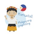 Vector illustration of cartoon character saying hello and welcome in Tagalog Royalty Free Stock Photo