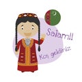 Vector illustration of cartoon character saying hello and welcome in Turkmen