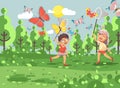 Vector illustration cartoon character two children, young naturalists, biologist boy and girl catch colorful butterflies