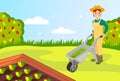 Woman gardener holding wheelbarrow with cutted grass standing in the garden, cartoon style