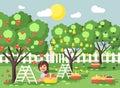 Vector illustration cartoon characters child brunette little girl harvest ripe fruit autumn orchard garden from plum Royalty Free Stock Photo