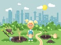 Vector illustration cartoon characters of child little blonde girl in denim overall with two tails planting in garden