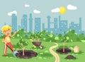 Vector illustration cartoon characters of child little lonely blonde boy digs hole in ground for planting in garden
