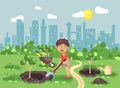 Vector illustration cartoon characters of child little lonely brunette boy digs hole in ground for planting in garden