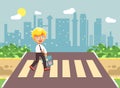 Vector illustration cartoon characters child, observance traffic rules, lonely blonde boy schoolchild, pupil go to road Royalty Free Stock Photo