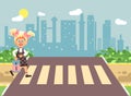 Vector illustration cartoon characters child, observance traffic rules, lonely blonde girl schoolchild, pupil go to road Royalty Free Stock Photo