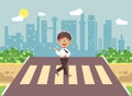 Vector illustration cartoon characters child, observance traffic rules, lonely brunette boy schoolchild, pupil go to