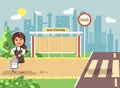 Vector illustration cartoon characters child, observance traffic rules, lonely brunette girl schoolchild, pupil go to