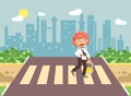 Vector illustration cartoon characters child, observance traffic rules, lonely redhead boy schoolchild, pupil go to road Royalty Free Stock Photo