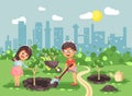 Vector illustration cartoon characters of children boy and girl dig hole in ground for planting in garden seedlings of