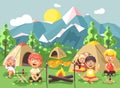 Vector illustration cartoon characters children boy sings playing guitar with girl scouts, camping on nature, hike tents