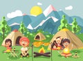 Vector illustration cartoon characters children boy sings playing guitar with girl scouts, camping on nature, hike tents