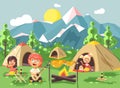 Vector illustration cartoon characters children boy sings playing guitar with girl scouts, camping on nature, hike tents