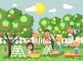 Vector illustration cartoon characters children boys and girls harvest ripe fruits autumn orchard garden from plum, pear