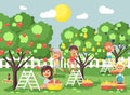 Vector illustration cartoon characters children boys and girls harvest ripe fruits autumn orchard garden from plum, pear Royalty Free Stock Photo