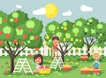 Vector illustration cartoon characters children boys and girls harvest ripe fruits autumn orchard garden from plum, pear Royalty Free Stock Photo