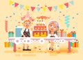 Vector illustration cartoon characters children, friends, two girls celebrate happy birthday, congratulating, giving