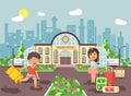 Vector illustration of cartoon characters children, late boy running on perron, little girl standing at railway station