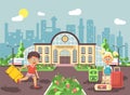 Vector illustration of cartoon characters children, late boy running on perron, little girl standing at railway station