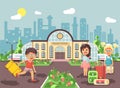 Vector illustration of cartoon characters children, late boy running, two little girls standing at railway station