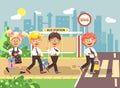 Vector illustration cartoon characters children, observance traffic rules, boys and girl schoolchildren classmates go to